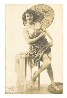 S French Risque Nude Lingerie Lady With Parasol Cute Flapper Photo