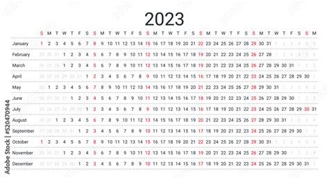 Linear Calendar For 2023 Year Vector Illustration Yearly Calender