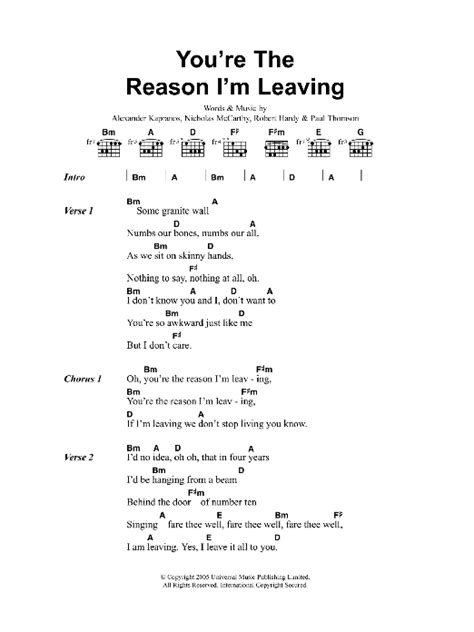 I'd climb every mountain and swim every ocean just to be with you and fix what i've broken oh, 'cause i need you to see that. You're The Reason I'm Leaving | Sheet Music Direct