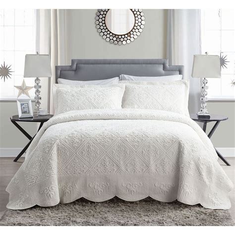 Ivory Queen Size Bedspread Pc Set Solid Bedding Quilted Shams Bedroom Decor Bed Spreads