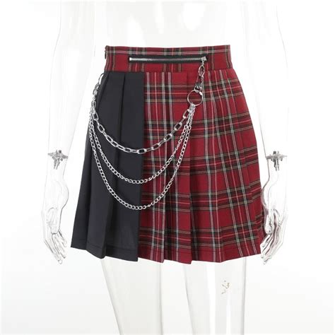 Gothic Skirt Punk Red Plaid Pleated Skirt Streetwear Fashion Etsy