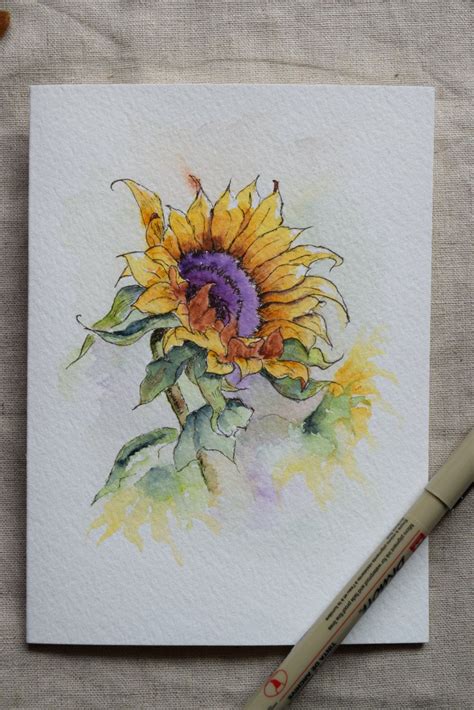Sunflower Watercolor Painted Card Original Or Print Sunflower
