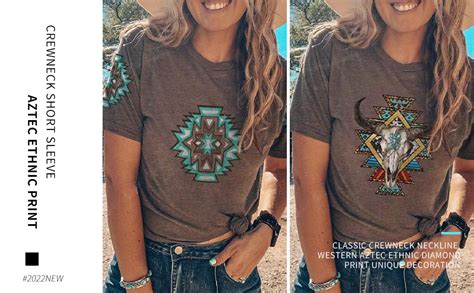 Women Brown Western Aztec Ethnic Print Tops Summer Casual Loose Crewneck Short Sleeve Cowgirl