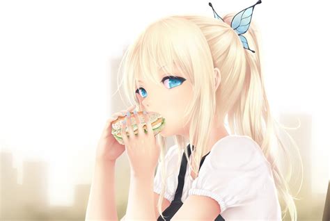 Anime Girls Anime Simple Background Long Hair Blonde Burgers Eating Blue Eyes White