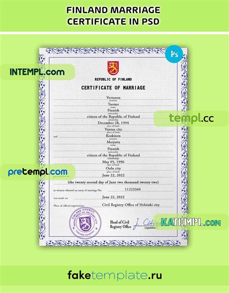 Finland Marriage Certificate Psd Download Template