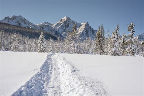 Snowmobile Trail Leads With The Mountains Of Idaho Winter Stock Photo