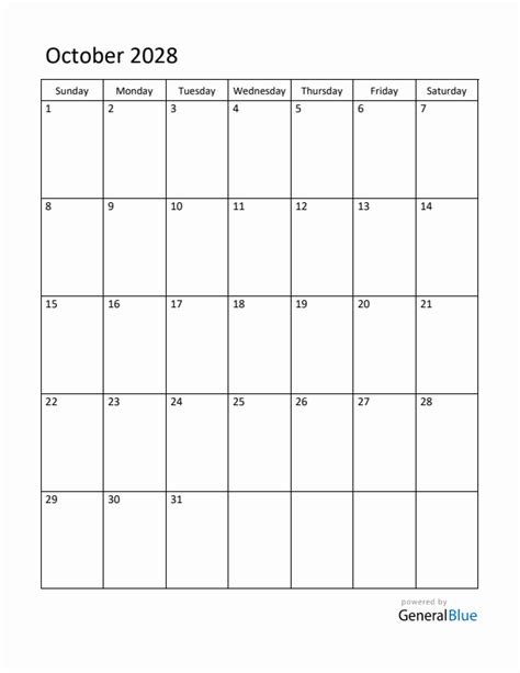 Editable October 2028 Monthly Calendar