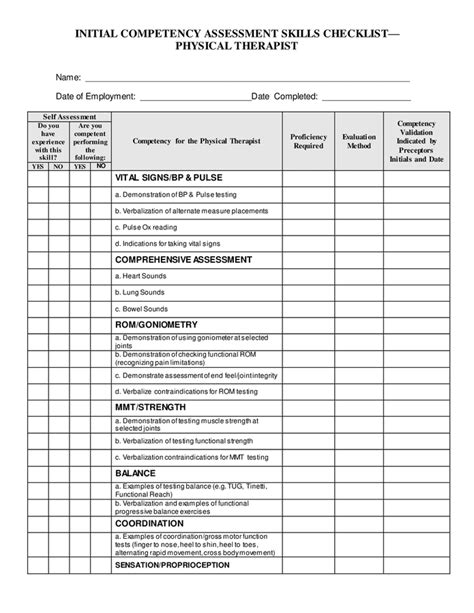 Competency Assessment Skills Checklist Physical Therapist In Word And Pdf Formats