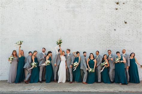 Wedding Party In Emerald Green And Grey Gray Wedding Party Emerald Green Weddings Emerald