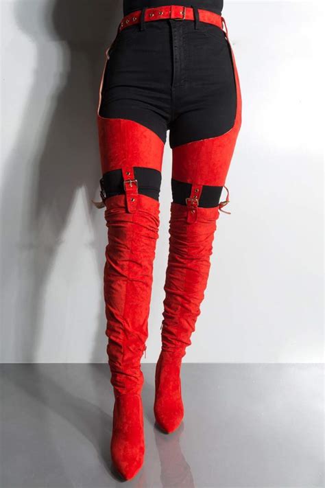 Red Suede Belted Thigh High Boots Floralkini