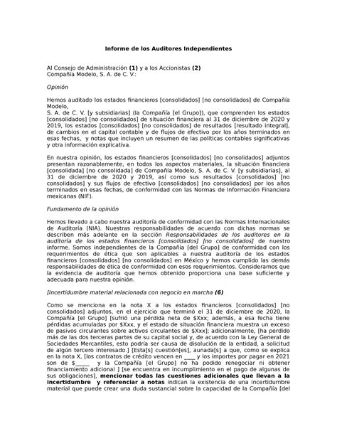 A 2021 01 Informe De Los Auditores Independientes Compañía Modelo 2020