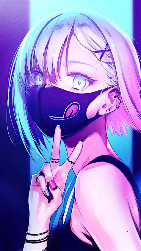 1080x1920 Anime Girl City Lights Neon Face Mask 4k Iphone