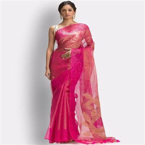 Buy Angoshobha Free Size Women Pink Embellished Art Silk Handloom Saree