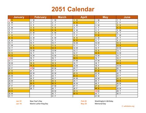 2051 Calendar On 2 Pages Landscape Orientation