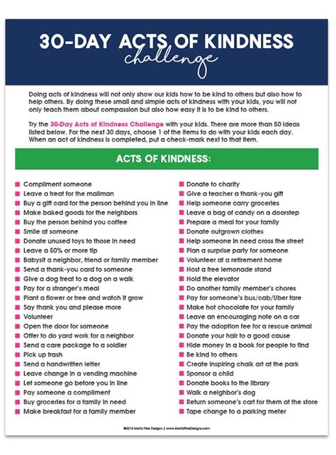 30-Day Acts of Kindness Challenge | Free Printable Challenge List | Kindness challenge, Random ...