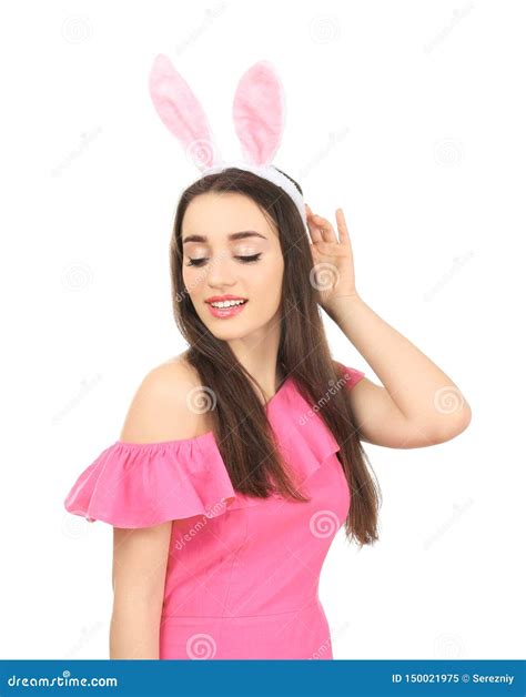 Beautiful Young Woman With Easter Bunny Ears On White Background Stock