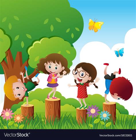 Happy Children Play In Park Illustration Download A Free Preview Or