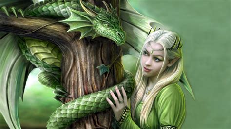 Fantasy Cute Green Dragon Along With A Beautiful Girl Hd Dreamy