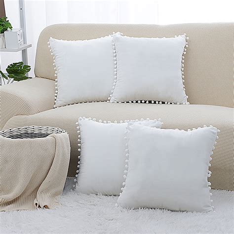 Piccocasa 4pcs 16x16 Inch Soft Velvet Cushion Cover Pom Poms Throw