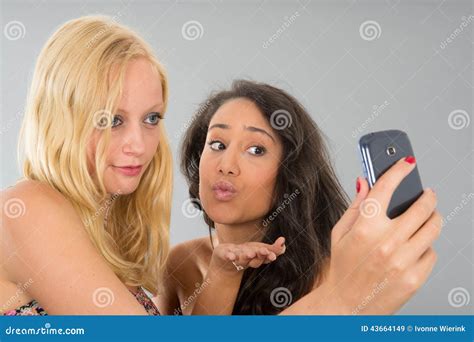 Girlfriends Taking Selfie While Kissing Stock Image Image Of People Beautiful