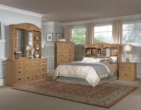 Glacier country customizable bedroom set bedroom set featuring panel bed, nightstand with bottom shelf, nightstand with two drawers, nightstand with one hat are the characteristics of french country style furniture? Pine All Wood Country Style Bedroom w/Hand-Carved Wood Accents