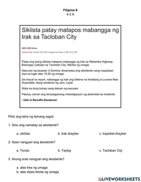 Pagbasa Ng Balita Quiz Worksheet Live Worksheets