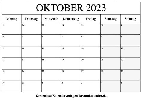 Kalender Oktober 2023