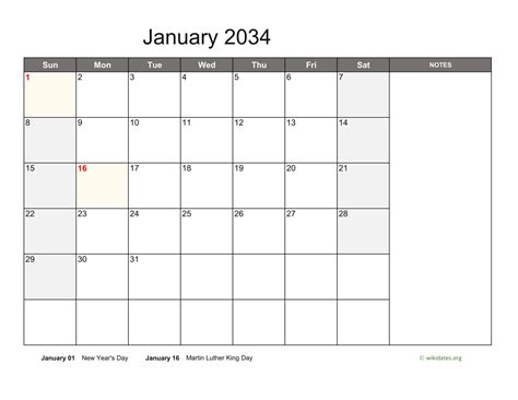 Monthly 2034 Calendar With Notes