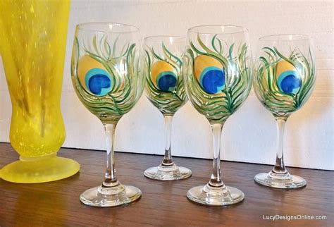 Diy Hand Painted Wine Glasses With Peacock Feather Design Tutorial Painted Wine Glasses Lucy