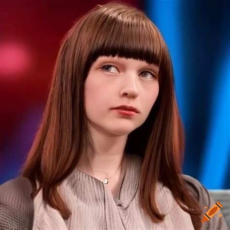 mia goth getting her bangs trimmed on a talk show on craiyon