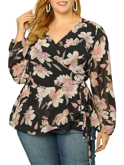 Women S Plus Size Chiffon Blouse Ruffle Hem Floral Wrap Tops Walmart Com