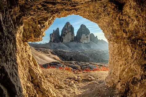 風景、 山、 自然、 石、 イタリア、 洞窟、 ラヴァレドの 3 つの峰、 ドロミテ、 Tre Cime Di Lavaredo、 Hd