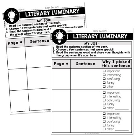 Literature Circles Literary Luminary Materials Lucky Little Learners