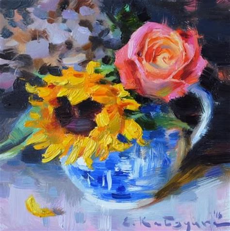 Daily Paintworks Sunflower And Rose Original Fine Art For Sale