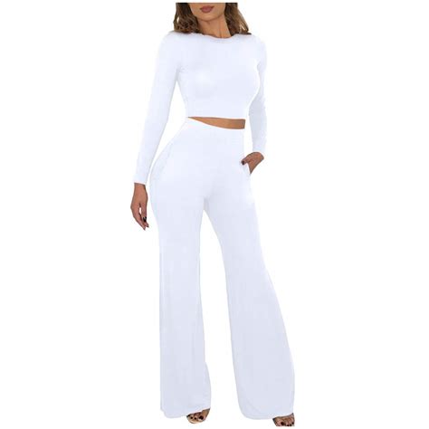 forwelly all white two piece outfits set for women ladies long sleeve crop tops wide leg pant