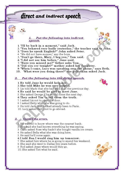 Direct And Indirect Speech This Worksheet Will Help You To Drill Direct