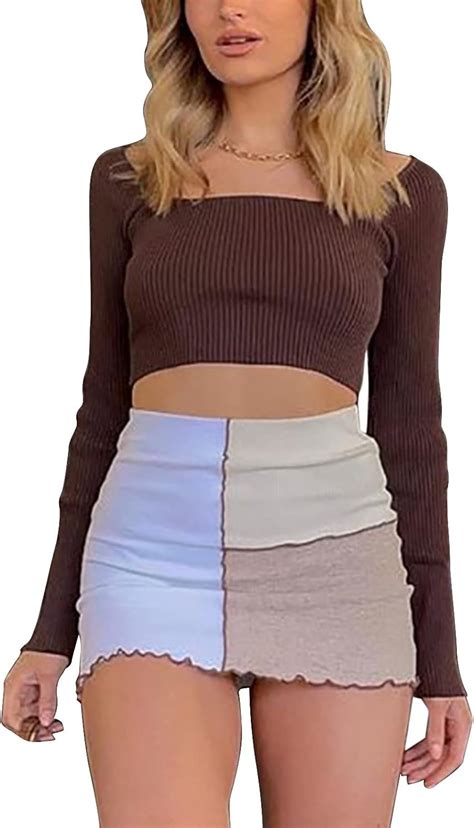 buocenisy women sexy hip skirt patchwork ruffled hem mini skirt mid waist knit skirt color block