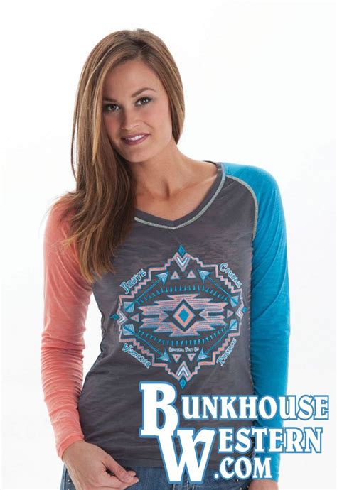 Cowgirl Tuff Company Coral Blue And Gray Aztec Print Long Sleeve Tee Shirt Burnout Country