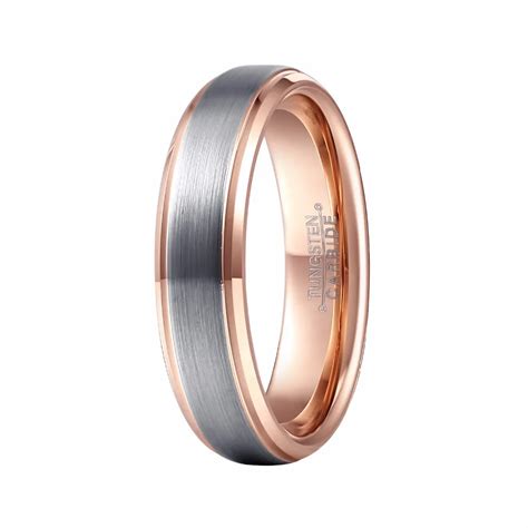 Mens Wedding Band Tungsten Ring Two Tone 6mm Brushed Silver With Rose