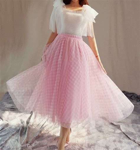 Women Pink Plaid Skirt A Line Long Plaid Skirt Pink Tulle Skirt Women