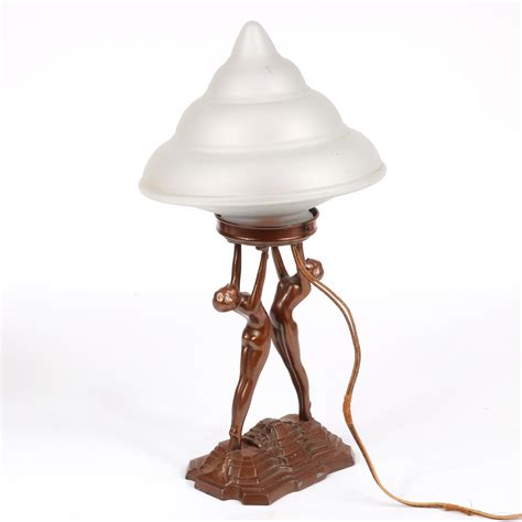 Lot Nuart Art Deco Double Nude Lady Lamp With Frosted Glass Conical