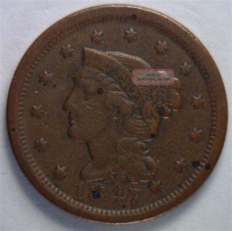 1847 Braided Hair Liberty Head Large Cent Us Copper Type Coin Vf