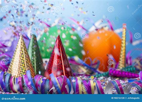 Balloon Confetti Party With Cap And Streamers Stock Photo Image Of