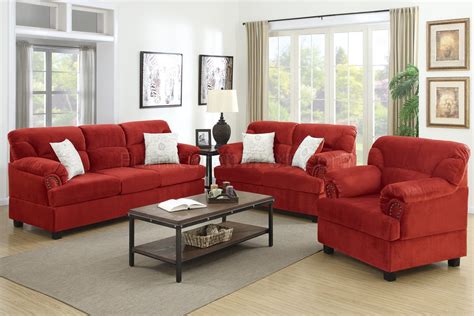 F7918 Sofa Loveseat And Chair Set In Red Fabric By Poundex