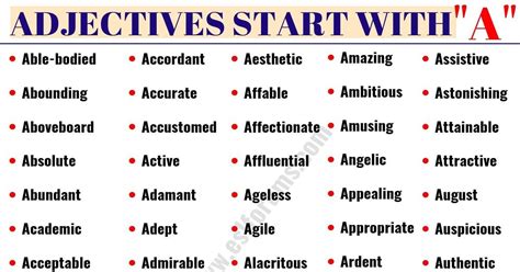 Some adjectives give a specific opinion. Words That Start With A | List of 50 Important Adjectives ...