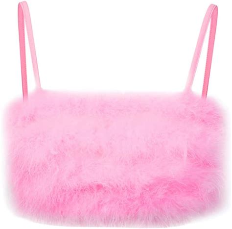 Tendycoco Womens Faux Fur Feather Crop Tops Spaghetti Strap Crop Cami Top Plush Cami Vest For