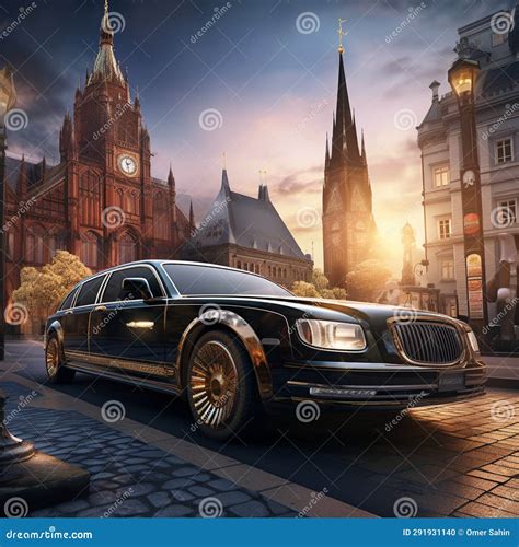 Luxurious Limousine Parked in Front of Grand Clock Tower Stock Photo