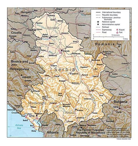 Detailed Political Map Of Serbia And Montenegro With Relief Roads