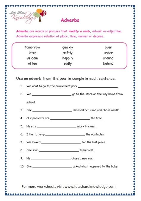Adverbs Worksheets For Grade 5
