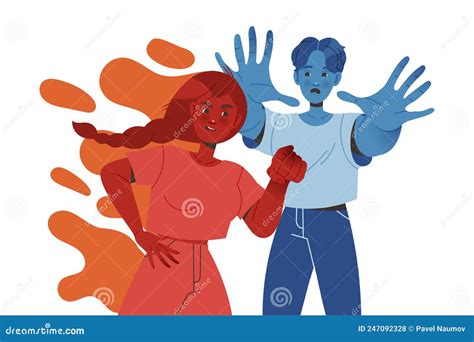 Woman Aggressor Shouting And Blaming Man Victim Standing With Outstretched Arms Vector